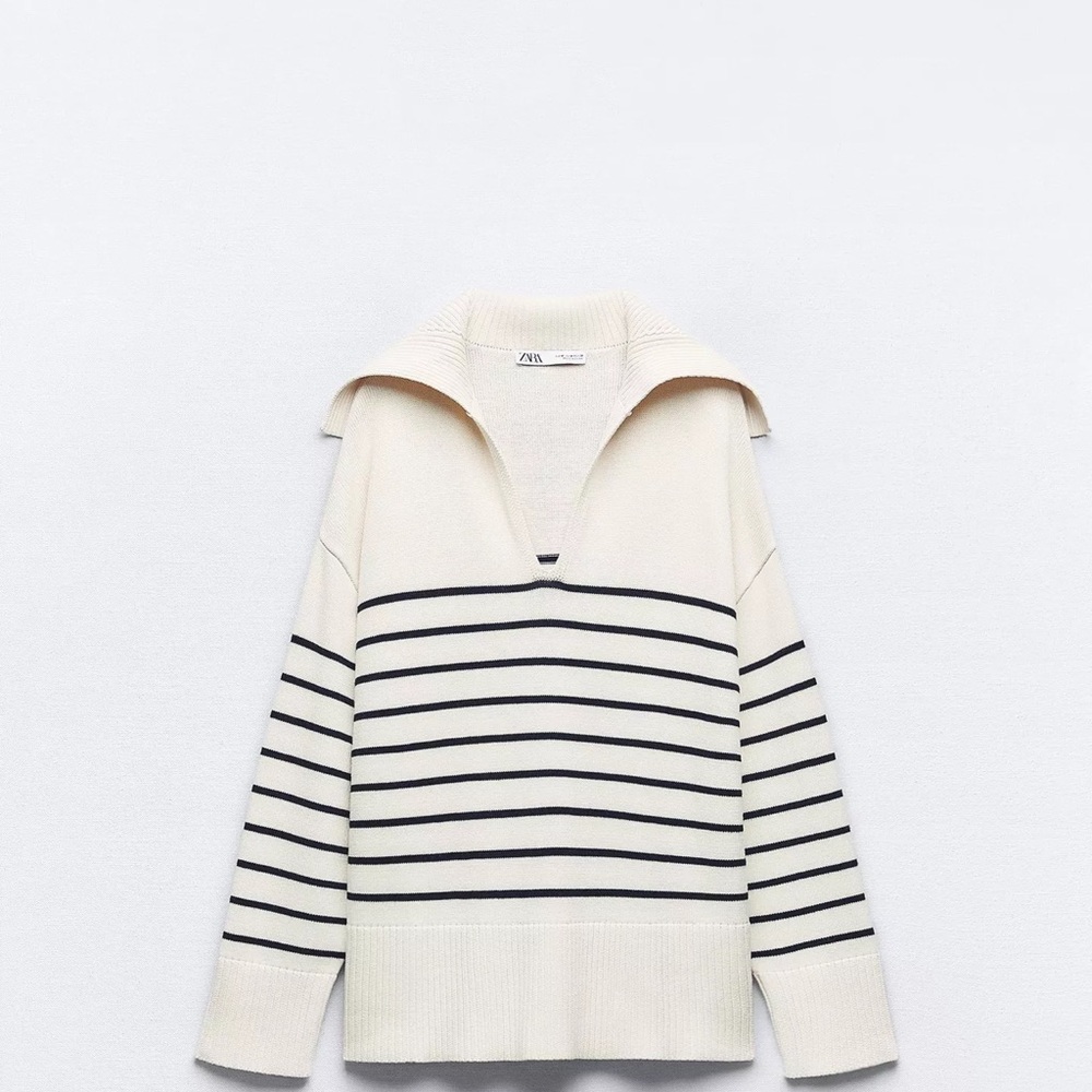 Zara V-Neck Cream and Black Striped Sweater